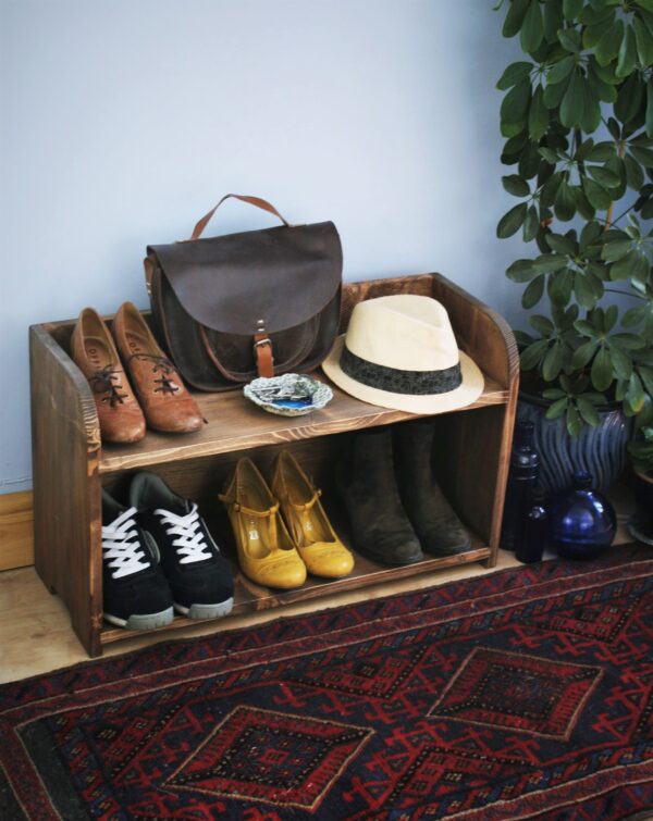 2 tier wooden shoe rack, low shoe shelf, industrial home in rustic dark wood, from Somerset UK