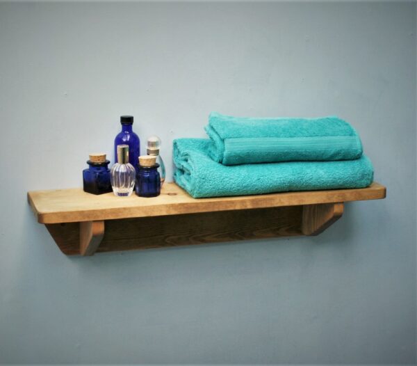 Small wooden bathroom shelf in chunky natural wood. For cosmetics, plants and towels. 62 cm, handmade in Somerset UK