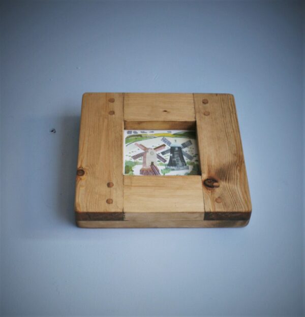 Small square picture frame, wooden photo frame. Low view. Natural rustic wood, handmade in Somerset UK
