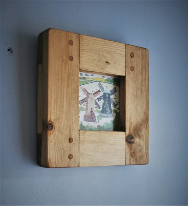 Small square picture frame, wooden photo frame. Mid side view. Natural rustic wood, handmade in Somerset UK