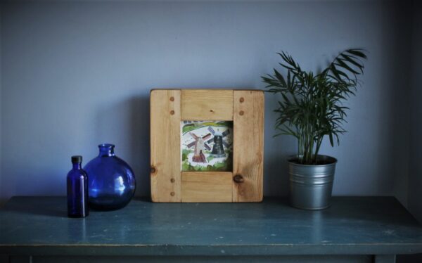 Small square picture frame, wooden photo frame. Wide view. Natural rustic wood, handmade in Somerset UK