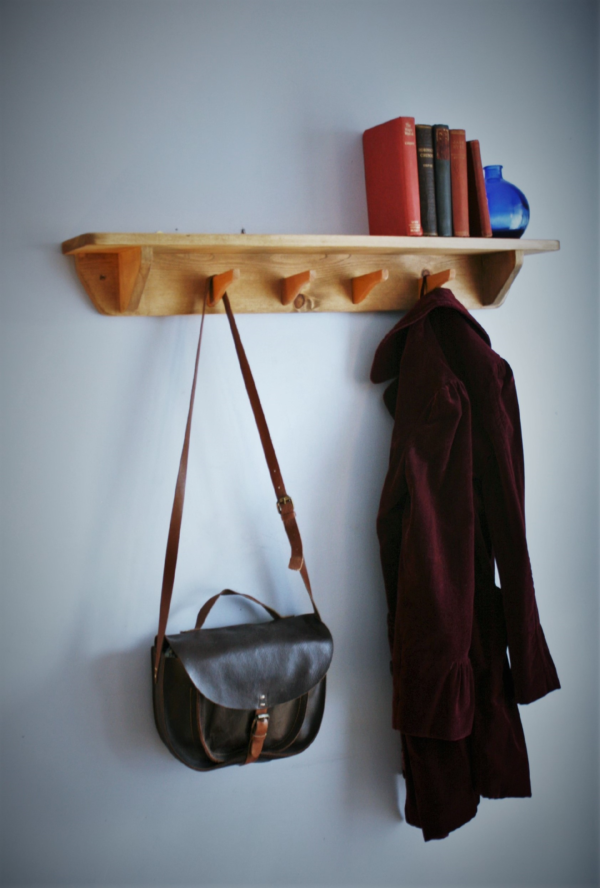 Hallway shelf with hooks and rustic wooden coat rack. Wide view. Designed and handmade in Somerset UK