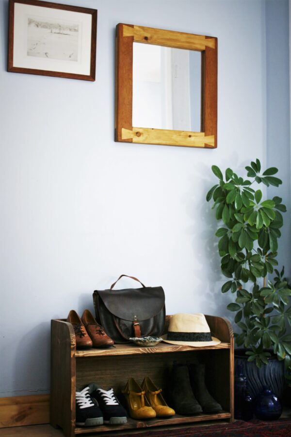 Small wooden shoe rack, compact design for small spaces. Wide view. Designed and handmade in Somerset UK