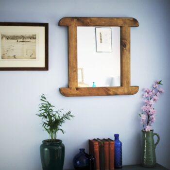 Arched mirror in dark wood, chunky rustic modern wooden wall mirror handmade by Marc Wood Furniture in Somerset UK.