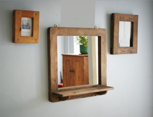 Mirror with shelf, minimalist rustic dark wooden bathroom and hallway mirror handmade in Somerset UK