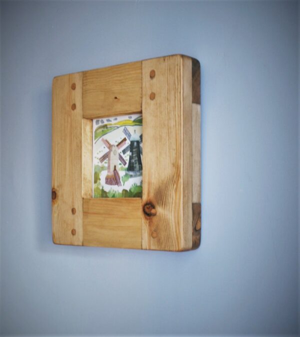 Small square picture frame, wooden photo frame. Side view. Natural rustic wood, handmade in Somerset UK.