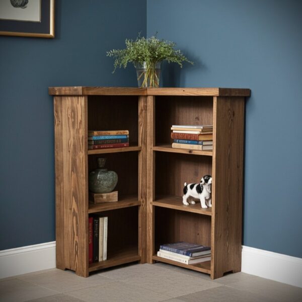 Wooden corner bookcase, chunky shelving unit at 90 degrees in dark wood, modern rustic, custom handmade in Somerset UK -edited_1