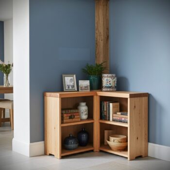 Low wooden corner bookcase, chunky shelving unit at 90 degrees, modern rustic, custom handmade in Somerset UK -edited_1
