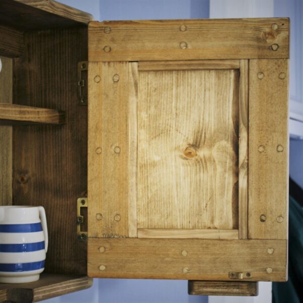 Small wooden kitchen cabinet with open door. Handmade in natural rustic wood in Somerset UK