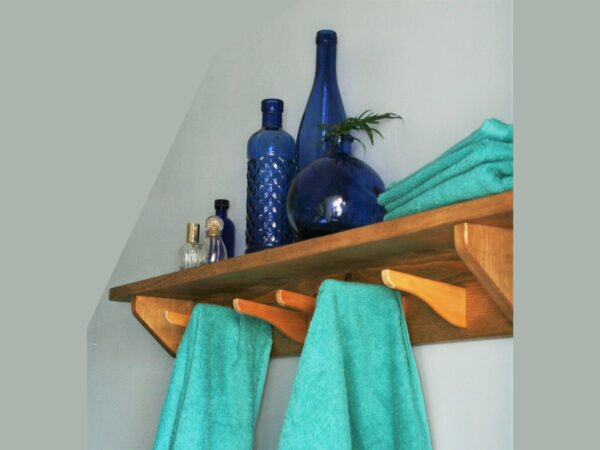 Bathroom shelf with hooks, 6 upcycled rustic minimalist coat hanger hooks. Somerset UK