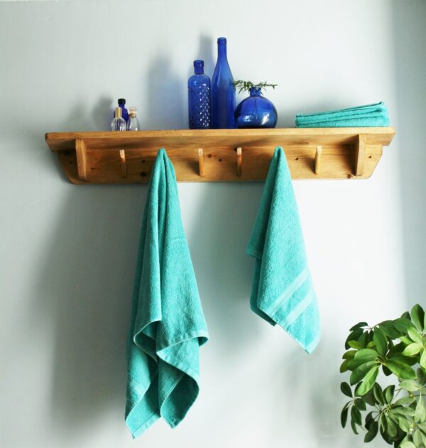 Bathroom shelf with hooks, 6 quirky upcycled rustic minimalist coat hanger hooks. Somerset UK