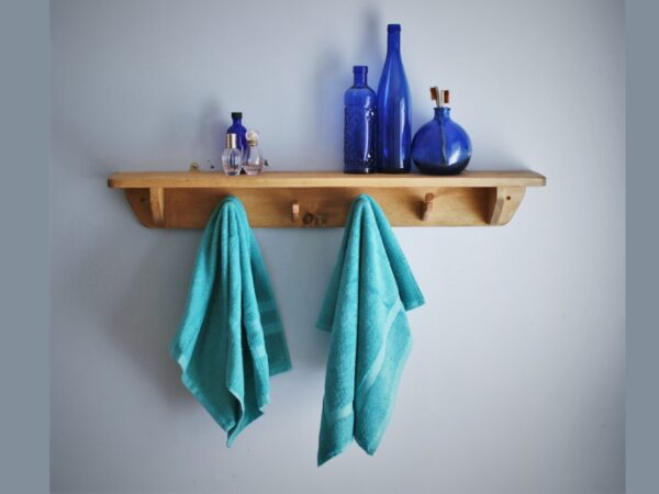 Bathroom shelf with hooks, 4 upcycled rustic coat hanger hooks. Somerset UK
