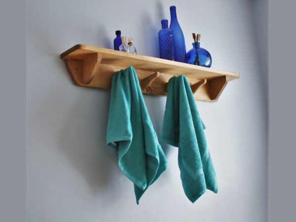 Bathroom shelf with hooks, 4 upcycled minimalist coat hanger hooks. Somerset UK
