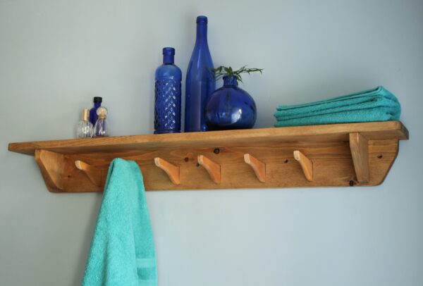Bathroom shelf with hooks, 6 upcycled rustic coat hanger hooks. Somerset UK