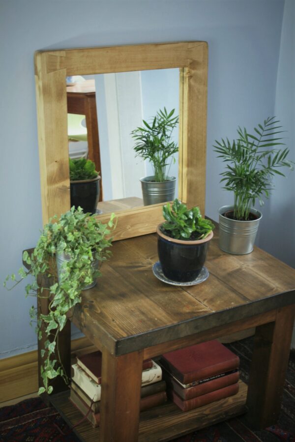 Wooden wall mirror chunky minimalist rustic wooden wall mirror. Top view. Handmade in Somerset UK