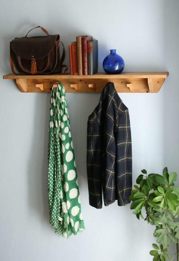 Hallway shelf with hooks and rustic wooden coat rack. 6 hanger hooks. Designed and handmade in Somerset UK
