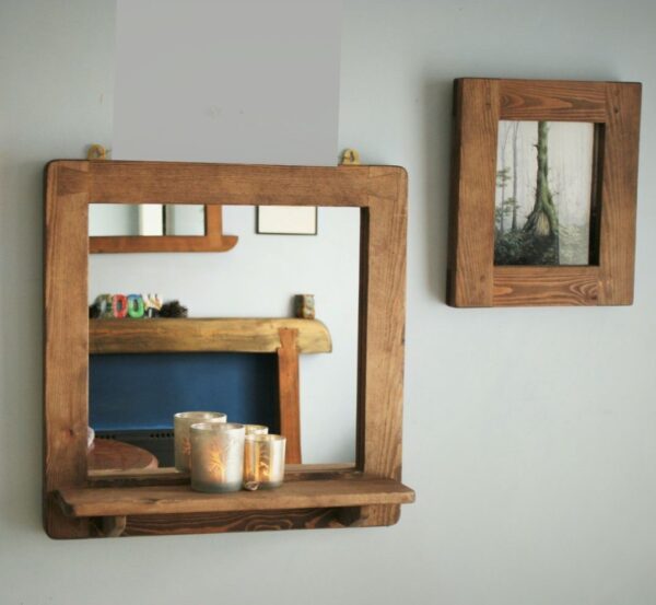 Mirror with shelf, minimalist rustic dark wooden bathroom and hallway candle shelf mirror handmade in Somerset UK