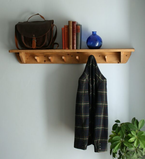 Hallway shelf with hooks and rustic wooden coat rack. 6 coat hooks. Designed and handmade in Somerset UK