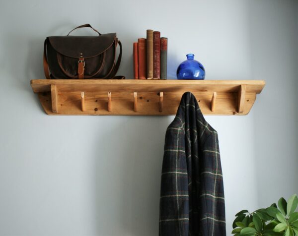 Hallway shelf with hooks and rustic wooden coat rack. 6 hooks, low view. Designed and handmade in Somerset UK