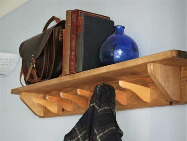 Hallway shelf with hooks and rustic wooden coat rack. 6 hooks, side view. Designed and handmade in Somerset UK