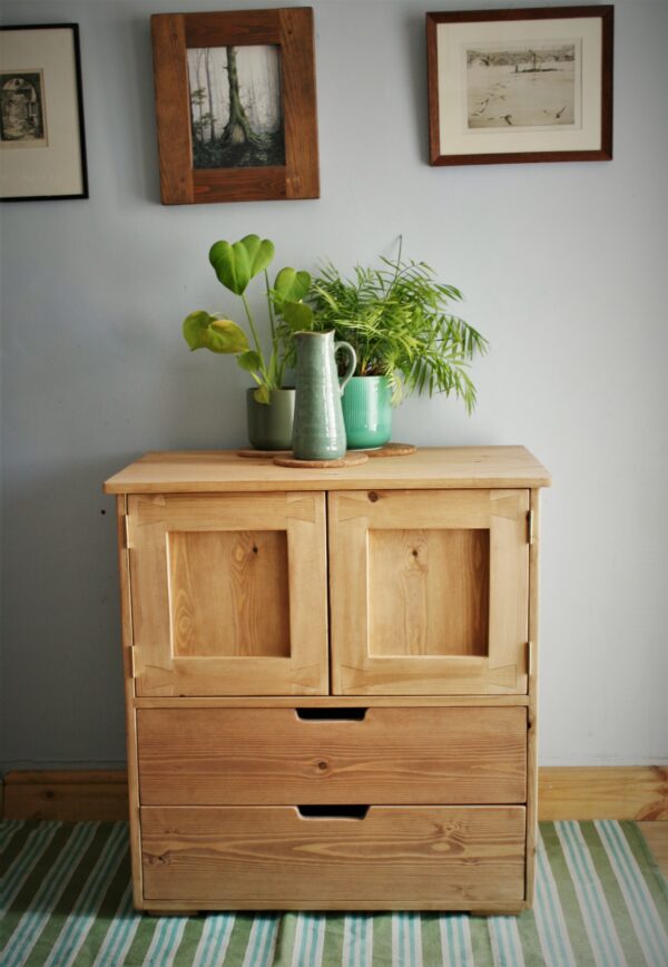 Sink stand with drawers and towel cabinet in natural rustic wood for farmhouse wooden bathroom. Handmade in Somerset UK.