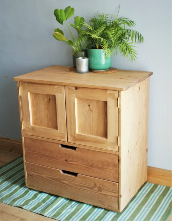 Sink stand and towel cabinet in natural rustic wood for farmhouse wooden bathroom. Handmade in Somerset UK.