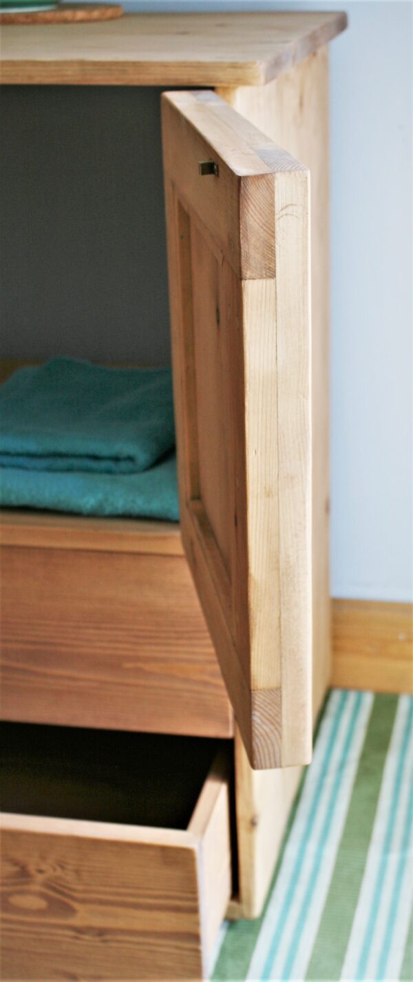 Sink stand with chunky doors in natural rustic wood. Handmade in Somerset UK.