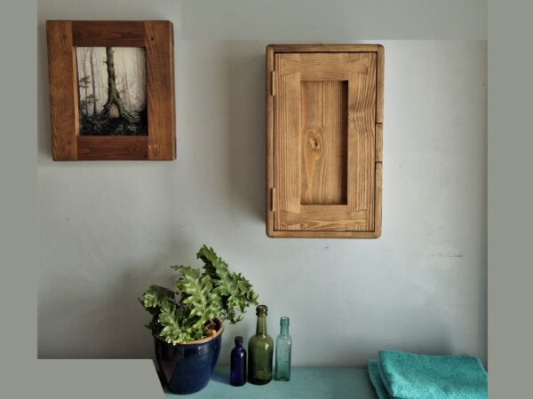 Slim dark wood bathroom cabinet without a mirror. Vintage rustic wall cabinet and medicine cupboard, handmade in Somerset UK.
