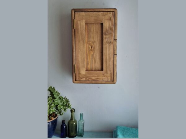 Slim dark wood bathroom cabinet without a mirror. Small rustic medicine cabinet and storage cupboard, handmade in Somerset UK.