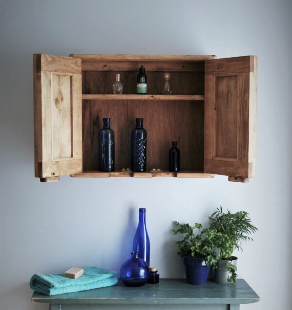 Bathroom cabinet without mirror, natural wood, open view. Minimalist rustic, handmade in Somerset UK.