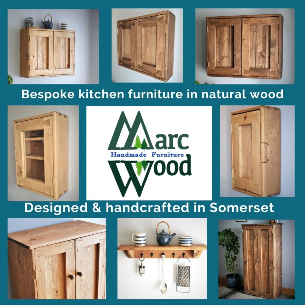 Wooden kitchen cabinets, larder cupboards and sink stands in natural wood handmade in Somerset UK