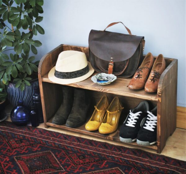 Small wooden shoe rack, compact design for small spaces. Top view. Designed and handmade in Somerset UK