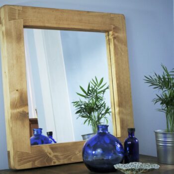 Wooden wall mirror chunky minimalist rustic wooden wall mirror. Wide view. Handmade in Somerset UK