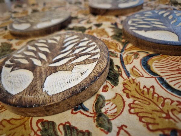 Set of Tree of Life wooden coasters, rustic chunky wooden tableware . Ethical Fair Trade homeware from Somerset UK.