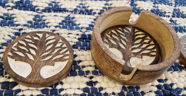 Set of Tree of Life wooden coasters, rustic kitchen and dining eco wooden gifts. Ethical Fair Trade homeware from Somerset UK.