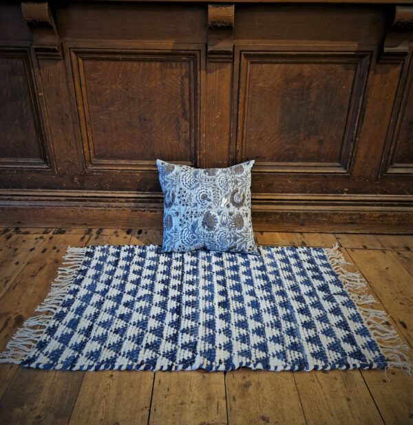 Blue Chindi Rug, geometric blue white design, with cushion. Handcrafted from 100% recycled cotton. Ethical Fair Trade homeware from Somerset UK.
