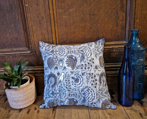 Blue Kantha cushion cover with arts and crafts boho floral print. Ethical homeware, fair trade terracotta plant pot from Somerset UK.