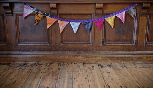 Colourful silk bunting, handmade from recycled sari silks, patterned decorative flags, boho garland, bright fabric swags for garden