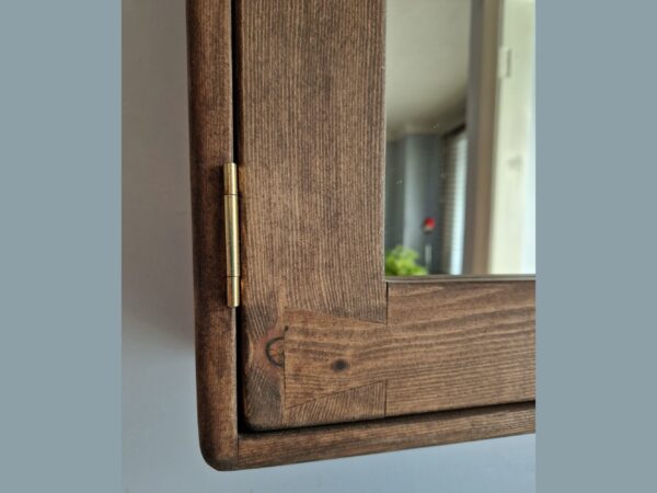 Dark wood bathroom cabinet, modern rustic wooden mirror cabinet with dovetail detailing.