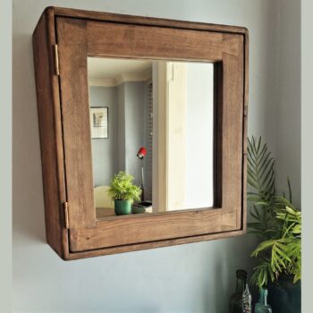 Rustic mirror door bathroom cabinet, custom made modern farmhouse dark wooden furniture from Somerset UK