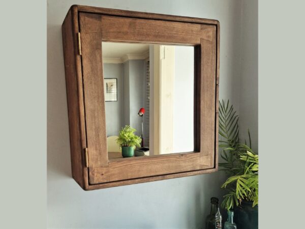 Rustic mirror door bathroom cabinet, custom made modern farmhouse dark wooden furniture from Somerset UK