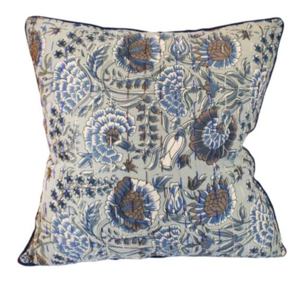Blue Kantha cushion cover with arts and crafts boho floral print. Ethical homeware, fair trade home décor from Somerset UK.