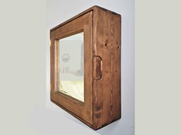 Dark wood bathroom cabinet, modern rustic wooden mirror cabinet. Handmade in Somerset UK. Close side view.