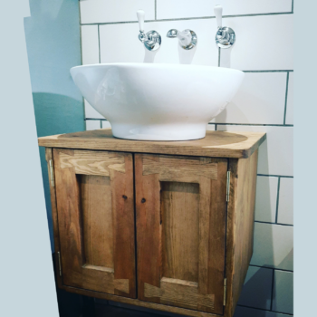 Floating sink stand vanity cabinet in natural sustainable wood, wall mounted and bespoke handmade in Somerset UK.