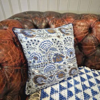 Blue kantha cushion cover with arts and crafts pattern, bohemian rustic home from Somerset UK
