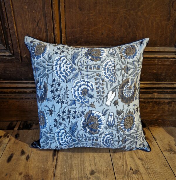 Blue Kantha cushion cover with arts and crafts boho floral print. Ethical homeware, fair trade home décor from Somerset UK. CU