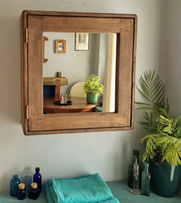 Dark wood bathroom cabinet, modern rustic wooden mirror cabinet. Handmade in Somerset UK. Front view.