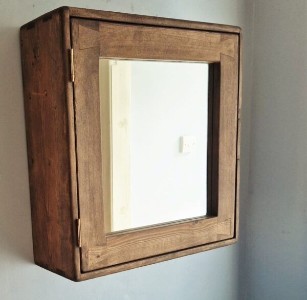 Dark wood bathroom cabinet, modern rustic wooden mirror cabinet. Handmade in Somerset UK. Side view.