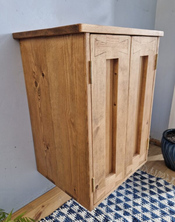 Sink stand vanity cabinet in natural rustic wood, handmade bathroom storage cabinet from Somerset UK. Left view.