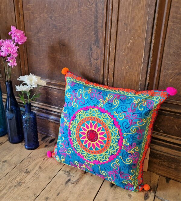 Colourful applique cushion cover, bright mandala pattern in bright tones. Bohemian rustic home accessories from Somerset UK